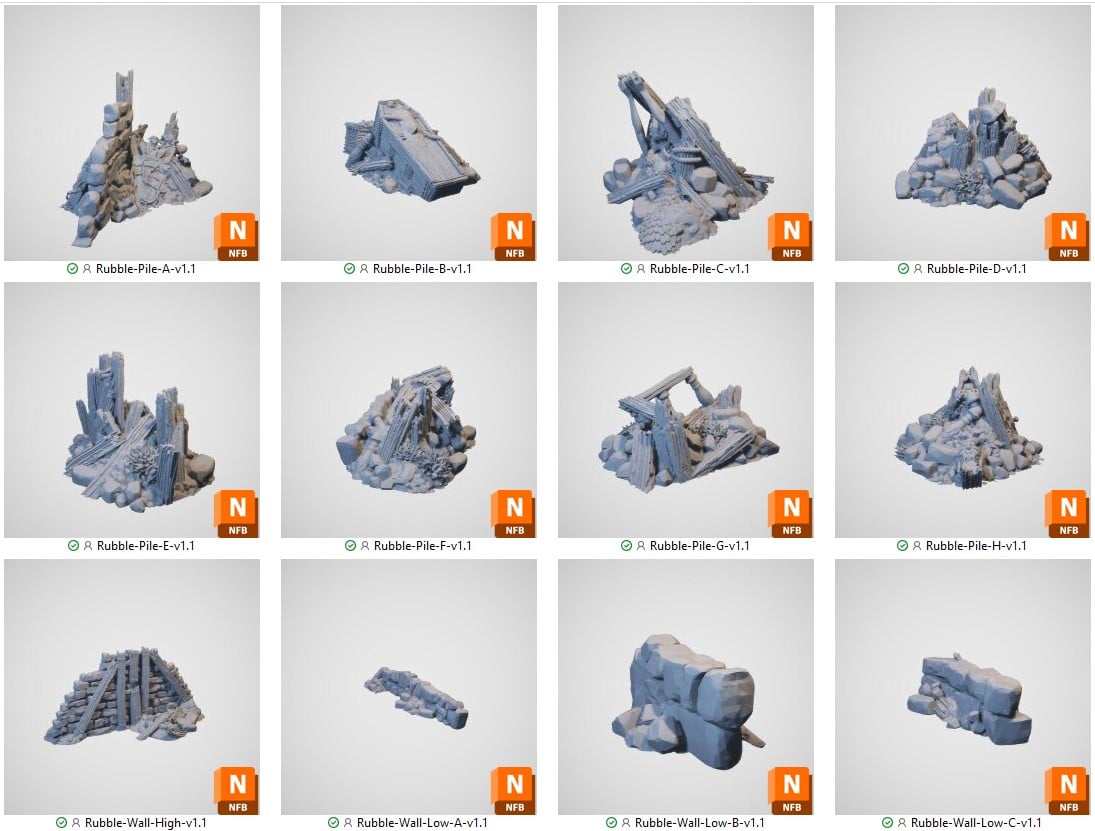 3D printed Rubble Piles and Scatter